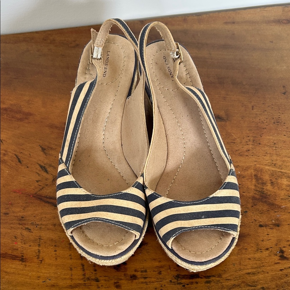Lands' End Navy and Tan Striped Espadrilles